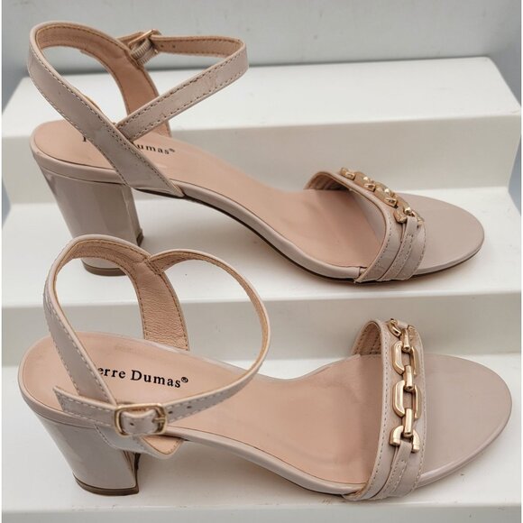Pierre Dumas Womens Nude Patent Leather Heeled Sandals Gold Chain Accent Sze 8.5 - Picture 2 of 7